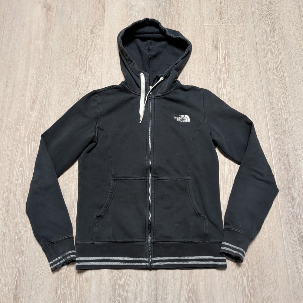 The North Face Womens Small Black Full Zip Hoodie Fleece Striped Trim Distressed